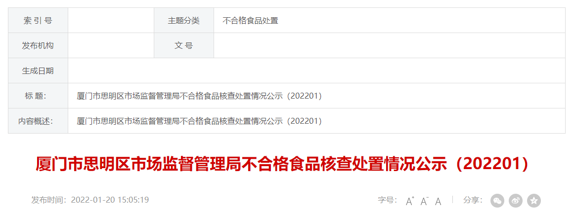 IM电竞 IM电竞网址厦门市思明区市场监管局公示不合格食品核查处置情况（202201）(图1)